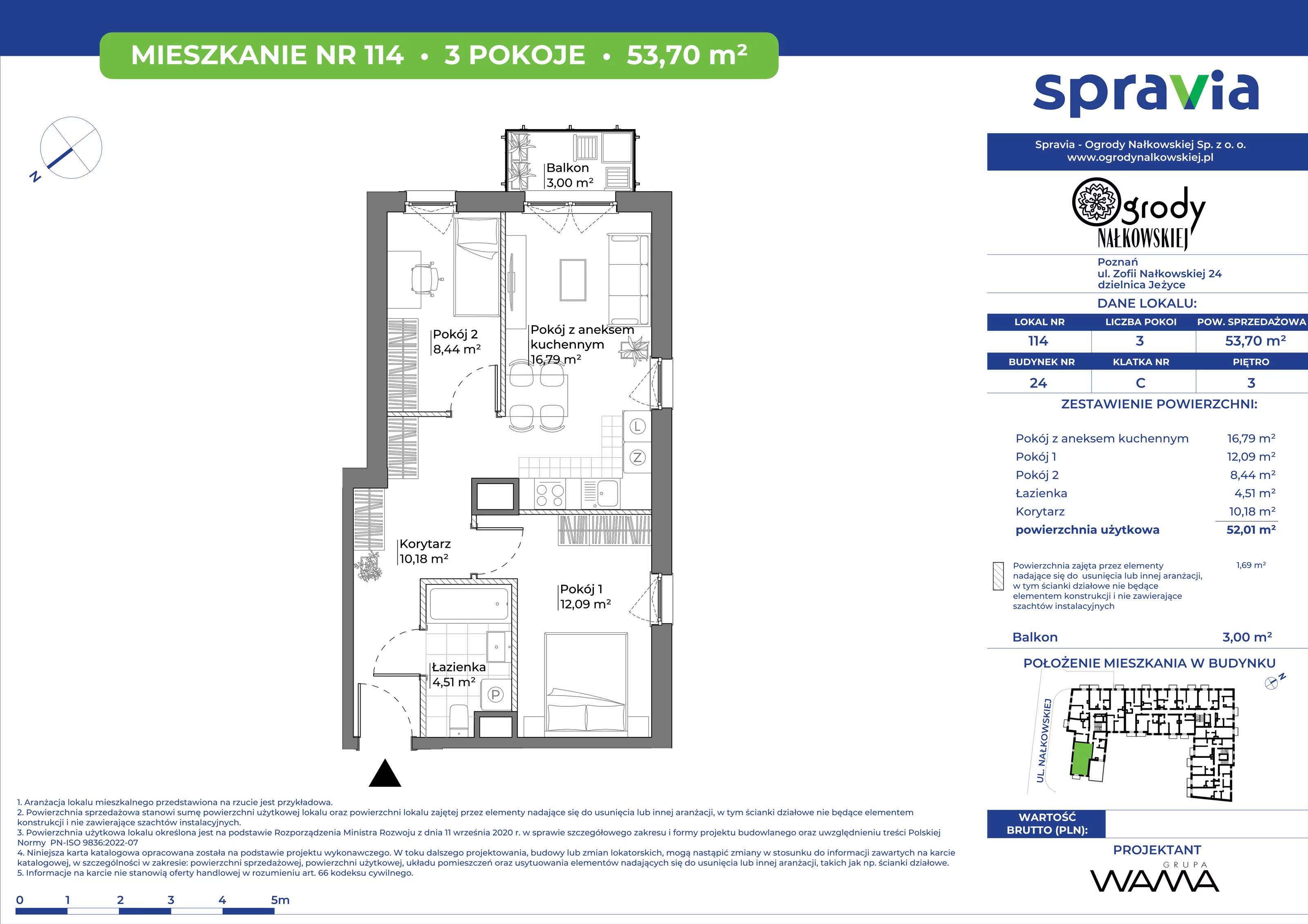 3 pokoje, mieszkanie 53,70 m², piętro 3, oferta nr 24-114, Ogrody Nałkowskiej, Poznań, Ogrody, ul. Nałkowskiej 24, 26